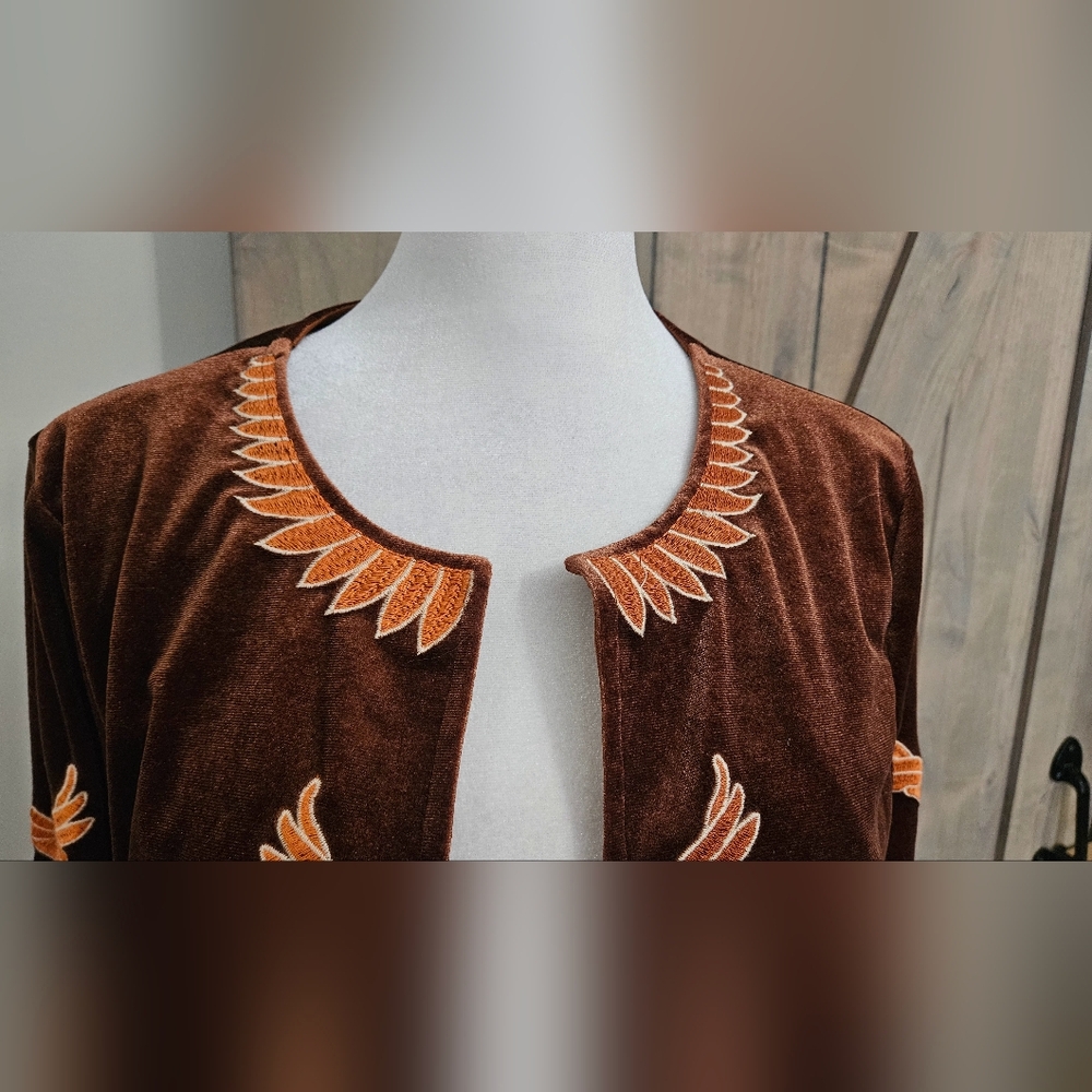 RUSTTY DUSTTY Floral Embroidery Open Front Velvet Jacket/blazer.Rust Brown M NWT - Picture 15 of 16